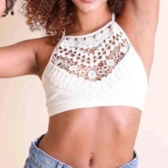 Blush Light Pink Boho Crochet Lace Detail High Neck Bralette - Picture 6 of 7